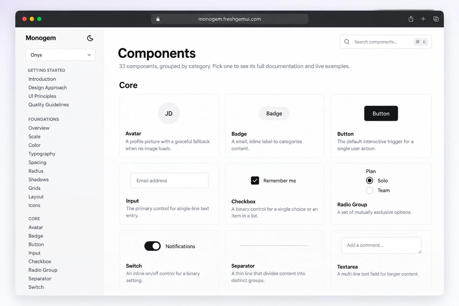 Monogem — A documented design system built on shared foundations, reusable components, and four distinct themes without changing the core.
